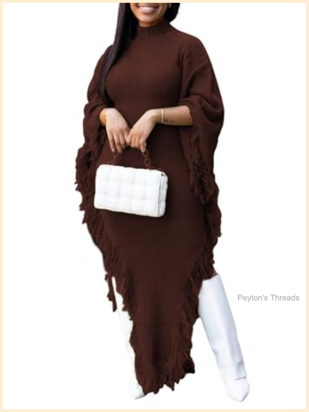 Fringe Sweater Dress Long Sleeve Bodycon Batwing Knit Mock Neck Slit High Low